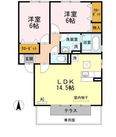 ウィルモア手城B棟(2LDK/1階)の間取り写真