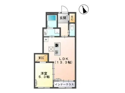 ユニヴァリィ 橘(1LDK/1階)の間取り写真