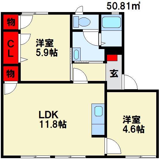カレッジヒルズB棟(2LDK/1階)の間取り写真