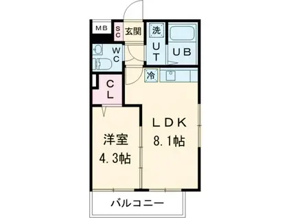 グローリオシェルト仙川II(1LDK/4階)の間取り写真