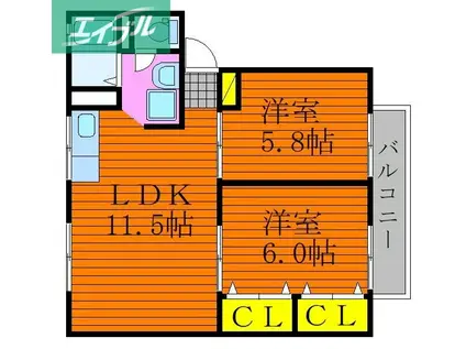 シャンポールききょう A棟(2LDK/2階)の間取り写真