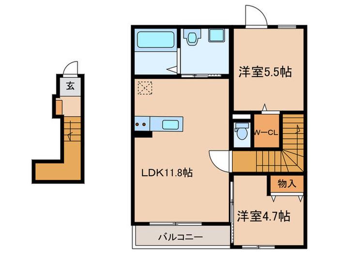 シャンペトル(2LDK/2階)の間取り写真