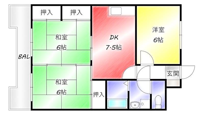 敷田ビル(3DK/3階)の間取り写真