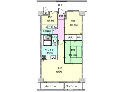 ハウディ北上(2LDK/6階)の間取り写真