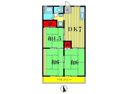 京成本線 京成小岩駅 徒歩9分 2階建 築43年(3DK/1階)の間取り写真