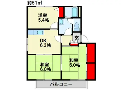 ディアスBEN水巻(3DK/2階)の間取り写真