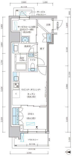 パークアクシス池袋イースト(2LDK/8階)の間取り写真