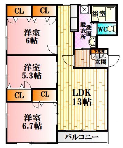 ソシアB館(3LDK/3階)の間取り写真