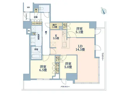 ザ・パークハウス神戸タワー(3LDK/11階)の間取り写真