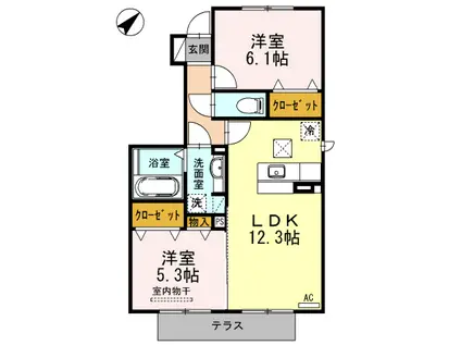 ルミエール B棟(2LDK/1階)の間取り写真