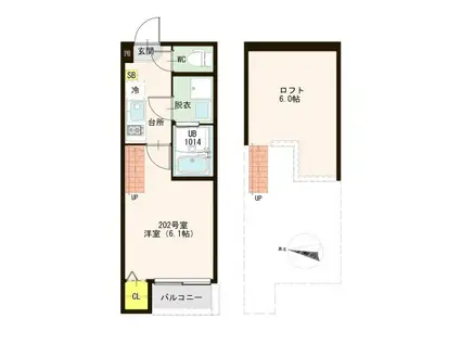 ハーモニーテラス長町南(1K/2階)の間取り写真