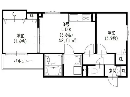 クリエオーレ津の辺町II(2LDK/3階)の間取り写真
