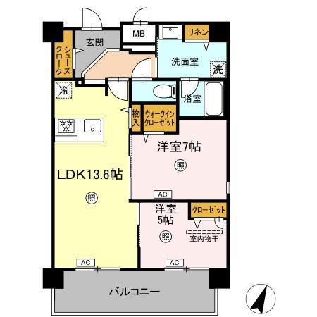 グランデール博多(2LDK/9階)の間取り写真