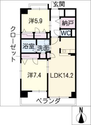 シャンテ岐阜(2LDK/9階)の間取り写真