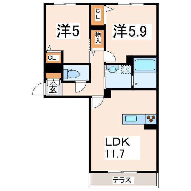 ラ・リュミエール月出(2LDK/2階)の間取り写真