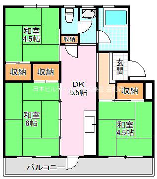 UR金剛団地 333号棟(3K/2階)の間取り写真