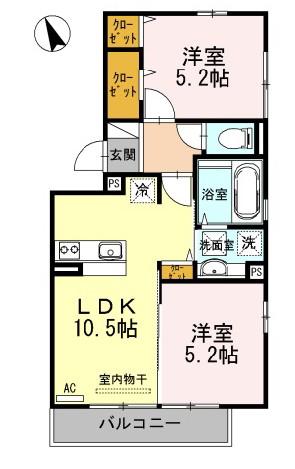 ウィルコート小郡三軒屋町 A棟(2LDK/1階)の間取り写真
