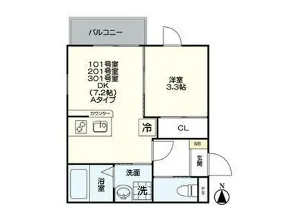 ジュネス上石川町(1DK/2階)の間取り写真