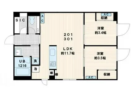 FULLEA代々木(2LDK/2階)の間取り写真