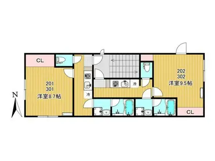 ラリア U(1K/2階)の間取り写真