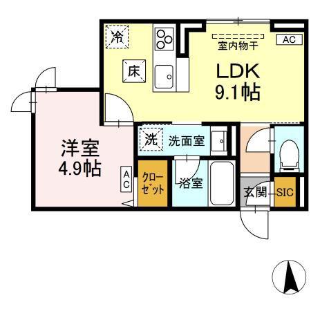 D-ROOM寺町(1LDK/1階)の間取り写真