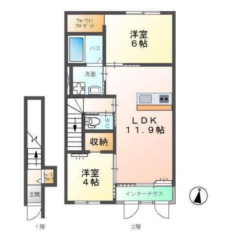 高尾崎 NEW TOWN LA・TERRE I(2LDK/2階)の間取り写真