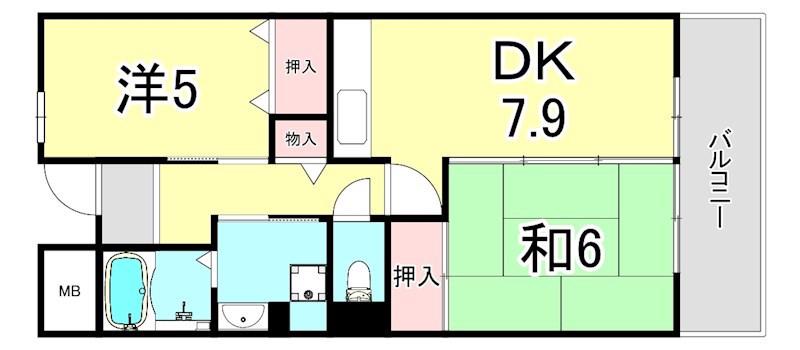 UR浜甲子園さくら街10号棟(2DK/1階)の間取り写真