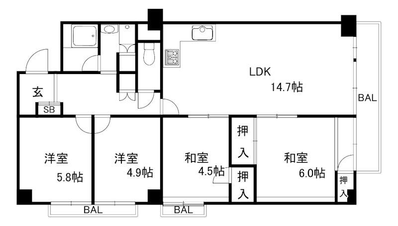 鈴蘭泉台第1ハウス(4LDK/4階)の間取り写真
