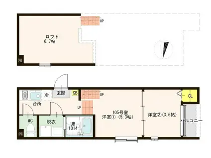 ハーモニーテラス長町南(2K/1階)の間取り写真