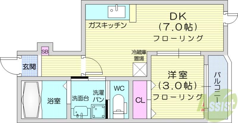 フローラルコートB棟(1DK/1階)の間取り写真