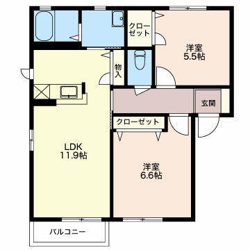 ブリリアント ハウスB(2LDK/2階)の間取り写真