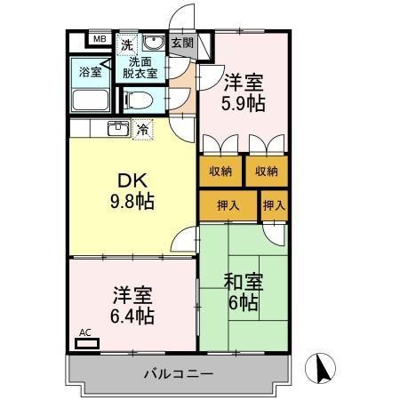 サンライズ駅部田(3DK/3階)の間取り写真