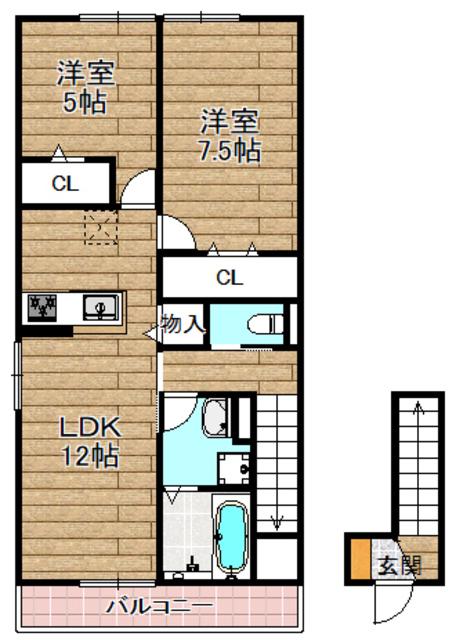 高槻市古曽部町ハイツB棟(2LDK/2階)の間取り写真