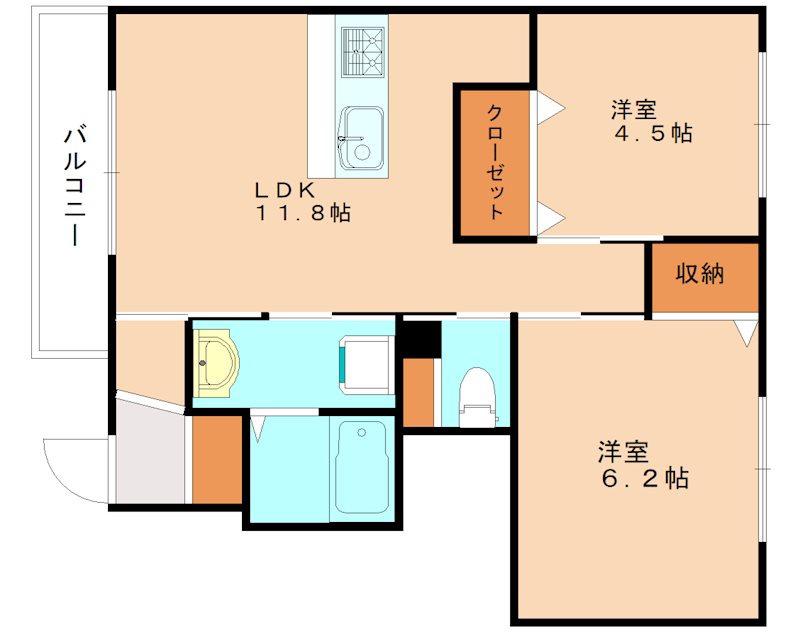 メルヴェーユ赤間(2LDK/1階)の間取り写真