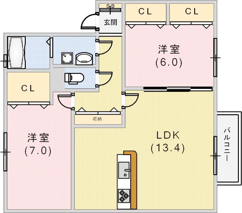 ディアコート神戸II(2LDK/2階)の間取り写真
