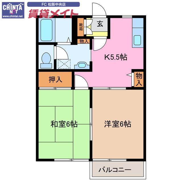 ラベンダーハウス(2K/2階)の間取り写真