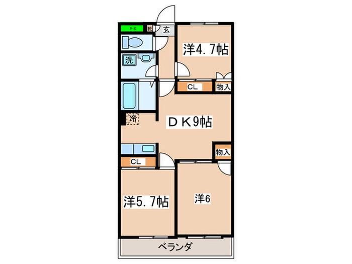 ボーヌンク相模野(3DK/1階)の間取り写真