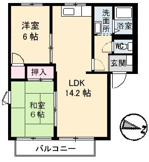 ガーデンハイツ B棟(2LDK/2階)の間取り写真