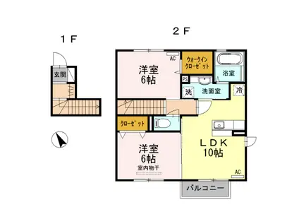 酒田市DROOM クレストコート203(2LDK/2階)の間取り写真