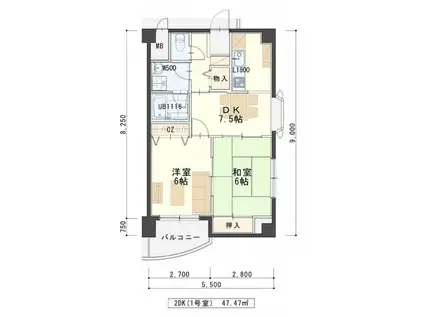 プロヴァンスK(2DK/2階)の間取り写真