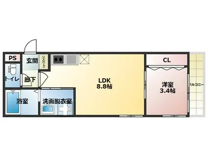 COTTO九工大前(1LDK/3階)の間取り写真