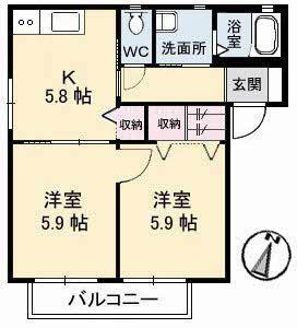 シャルマン C棟(2K/2階)の間取り写真