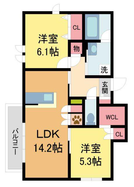 HEBEL MAISON 甲東園(2LDK/2階)の間取り写真