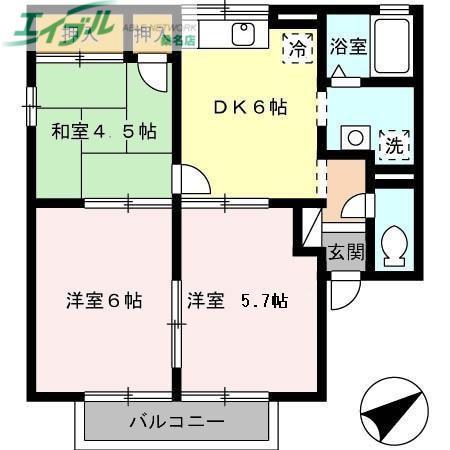 サニーヒルヴィラ(3DK/2階)の間取り写真