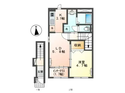 東前町アパートI期(1LDK/2階)の間取り写真