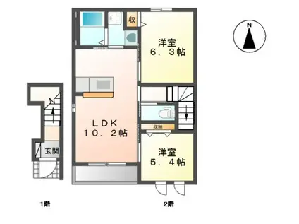 ツインズII(2LDK/2階)の間取り写真
