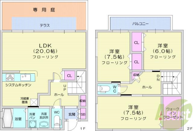 グランディール八乙女中央(3LDK/1階)の間取り写真
