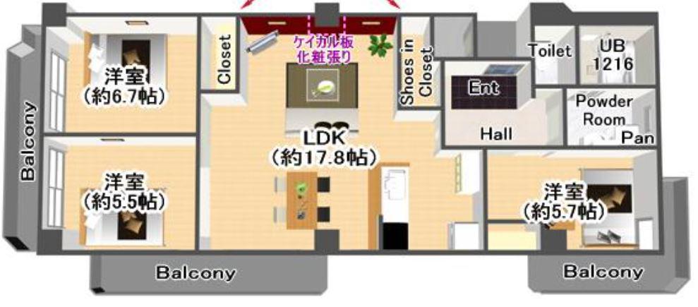 グランドール夕陽丘(3SLDK/6階)の間取り写真