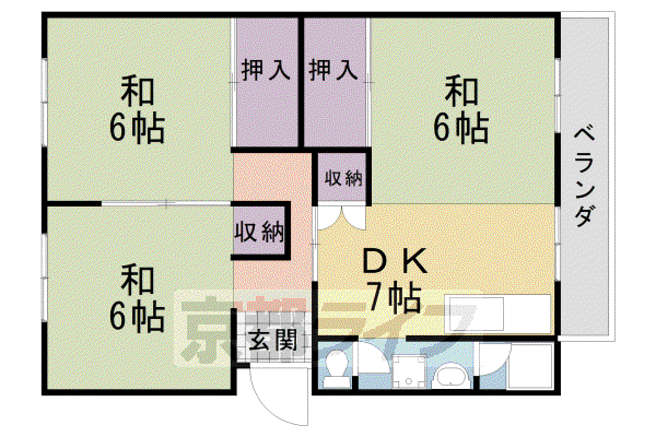 洛西北福西市営 若者子育て応援 ことこと(3DK/1階)の間取り写真