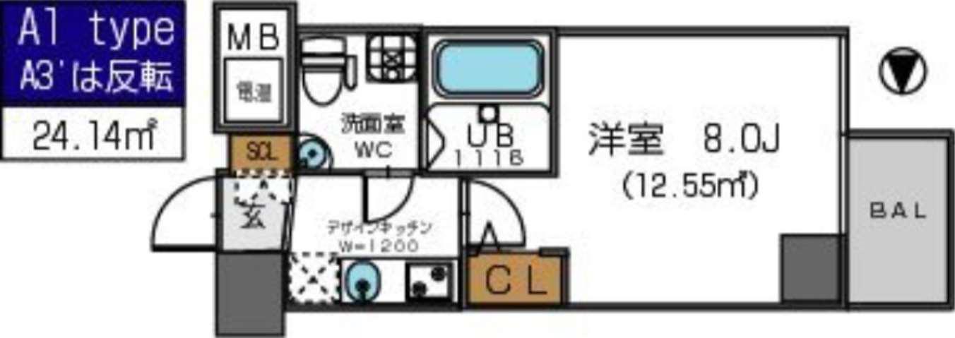 ザパーククロス阿波座(1K/3階)の間取り写真